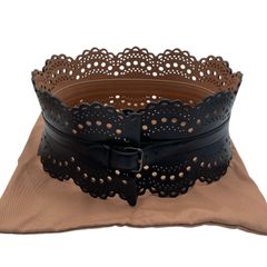 美品 ALAiA アライア コルセットベルト ビスチェベルト ヴィエンヌ ウェーブ カーフレザー 本革 ブラック ブラウン 65 XS〜S相当 レディース 保存袋付き