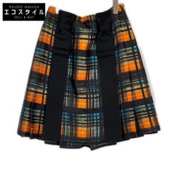 PRADA プラダ 15SS P112GH オレンジ系チェック ウエストベルト リボン プリーツスカート 36のサムネイル