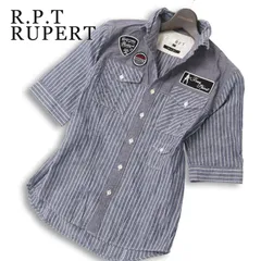 R.P.T RUPERT ルパート 春夏 襟ワイヤー★ リネン 五分袖 ワッペン ストライプ 切替 ワーク シャツ 日本製 Sz.M メンズのサムネイル