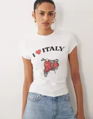エイソス レディース トップス Tシャツ プリント ASOS DESIGN short sleeve baby top with I love Italy print ホワイトのサムネイル