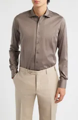 カナーリ メンズ トップス シャツ レギュラーフィット コットン ジャージー Canali Regular Fit Cotton Jersey Dresshirt Brown ブラウンのサムネイル