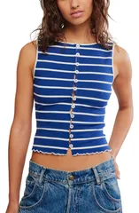 フリーピープル レディース トップス シャツ コットン Free People Tilly Stripe Stretch Cotton Rib Tank Navy Combo ネイビーのサムネイル