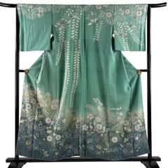 訪問着 身丈156.5cm 裄丈64.5cm M 袷 辻が花 銀通し ぼかし 薄緑 正絹 秀品 【中古】のサムネイル