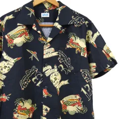 美品◆Schott ショット アロハシャツ HAWAIIAN SHIRT TATOO レーヨン混 オープンカラー 半袖 シャツ スカル ショット タトゥー総柄 メンズのサムネイル