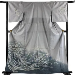 訪問着 身丈161.5cm 裄丈65.5cm M 単衣 紬地 落款 辻が花 ぼかし 灰色 正絹 秀品 【中古】のサムネイル