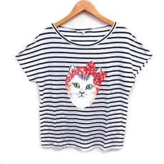 ポール&ジョー シスター PAUL&JOE SISTER バンダナ猫プリント ボーダー柄 Tシャツ カットソー 半袖 ボートネック 1 ブラック 黒 ホワイト 白 /FT17のサムネイル