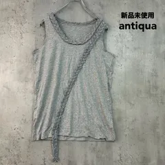 新品未使用 antiqua アンティカ ライトグレー タンクトップ ノースリーブ カットソー トップス 襟元 編み込み ロープデザイン 斜め切替 コットン 綿 アクリル ニット切替 無地 変形 デザイン インナー⁠ ★ ■◆のサムネイル