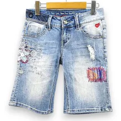 デシグアル Desigual デニムパンツ ショート丈 24 青系 ブルー 花柄 ビジュー 刺繍 パッチワーク ダメージ加工 のサムネイル