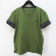 バーバリーブラックレーベル BURBERRY BLACK LABEL D1P16-115-76 半袖 カットソー 2 緑系 ダークグリーン  Vネック チェック 切替 ロゴ 刺繍のサムネイル