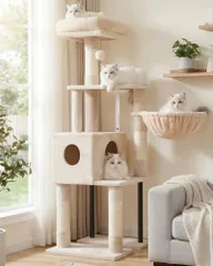 Heyblyキャットタワー 超スリム 高さ125cm 省スペース 猫タワー 高い安定性 展望台 柔らかいハンモック 据え置きタイプ シザル麻爪とぎポール ベージュ HCT200SM 0のサムネイル