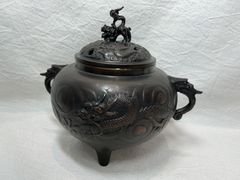 未使用】高岡銅器 錺師『和雲』作 蝋型鋳銅 香炉 麒麟摘 雲龍紋 獣面三
