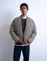 トップマン メンズ アウター コート Topman plaid oversized puffer coat Black ブラックのサムネイル