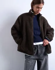 トップショップ レディース アウター ジャケット・ブルゾン コントラスト フリース ジャケット Topshop teddy fleece jacket with contrast piping BROのサムネイル