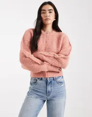 エイソス レディース アウター カーディガン クルーネック ASOS DESIGN crew neck cardigan with stitch detail in light Light Pinkのサムネイル