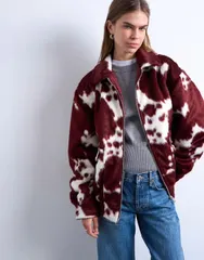 トップショップ レディース アウター コート プリント ジャケット Topshop faux fur cow print bomber jacket red レッドのサムネイル