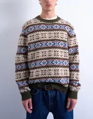 トップマン メンズ アウター ニット・セーター クルーネック セーター ニット Topman Fair Isle knit crew neck sweater Khaki カーキのサムネイル