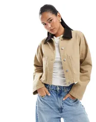 エイソス レディース アウター ジャケット・ブルゾン デニム ジャケット ASOS DESIGN crop denim barn jacket in stone STONE ストーンのサムネイル