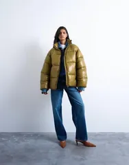 トップショップ レディース アウター ジャケット・ブルゾン ジャケット Topshop high shine mid length puffer jacket Khaki カーキのサムネイル