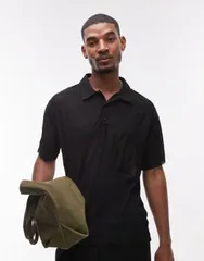 トップマン メンズ トップス ポロシャツ リラックスフィット Topman relaxed fit plisse polo Black ブラックのサムネイル