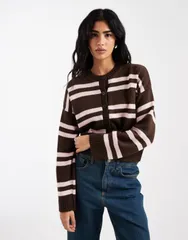 エイソス レディース アウター カーディガン ASOS DESIGN striped cardigan in chocolate and Chocolate and pink ピンクのサムネイル