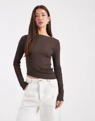 エイソス レディース トップス Tシャツ アシンメトリー メッシュ シアー ASOS DESIGN sheer mesh long sleeve top with asymmetric hem Broのサムネイル