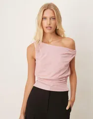 エイソス レディース トップス タンクトップ ドレープ ワンショルダー リネン ASOS DESIGN linen look oneshoulder draped topink ピンクのサムネイル