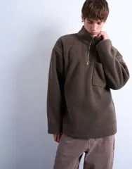 トップマン メンズ アウター ニット・セーター スウェット シャツ Topman 14 zip borg sweatshirt in dark brown ブラウンのサムネイル