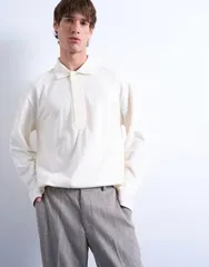 トップマン メンズ トップス ポロシャツ リラックスフィット Topman relaxed fit structured stitch long sleeve polo shirt in ecru エのサムネイル
