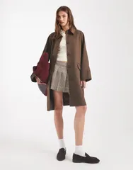 エイソス レディース アウター コート ASOS DESIGN mid length tailored car coat with stripe sleeve Khaki カーキのサムネイル