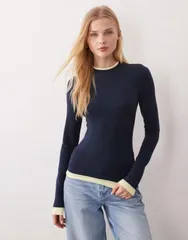 エイソス レディース トップス Tシャツ ASOS DESIGN long sleeve double layer top Navy and yellow ネイビーのサムネイル