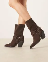 エイソス レディース シューズ ブーツ・レインブーツ スエード アンクル ASOS DESIGN Elena suede western ankle boots witharness detailinのサムネイル