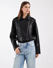 エイソス レディース アウター ジャケット・ブルゾン レザー ASOS DESIGN leather look shrunken biker jacket Black ブラックのサムネイル