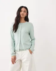 エイソス レディース アウター カーディガン ASOS DESIGN woven insert hem and cuff cardigan in sage セージのサムネイル