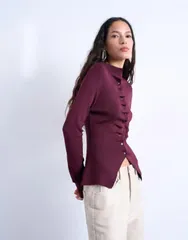 トップショップ レディース アウター カーディガン フリル ニット Topshop knit ruffled button front long sleeve top in plum プラムのサムネイル