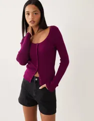 エイソス レディース アウター カーディガン コットン ASOS DESIGN cotton blend wide scoop cardigan in plum プラムのサムネイル