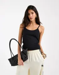 エイソス レディース トップス シャツ ASOS DESIGN longline double layered scoop neck cami Black ブラックのサムネイル