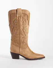 エイソス レディース シューズ ブーツ・レインブーツ スエード ASOS DESIGN Wide Fit Celestine flat cowboy knee boots in taupe suedeのサムネイル