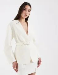 エイソス レディース アウター ジャケット・ブルゾン ブレザー ASOS DESIGN tailored nipped waist belted blazer in textured buttermiのサムネイル