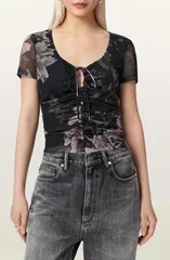 オールセインツ レディース トップス シャツ フラワー柄 プリント メッシュ フラワー AllSaints Gabby Floral Print Mesh Top Crystal Black ブラックのサムネイル