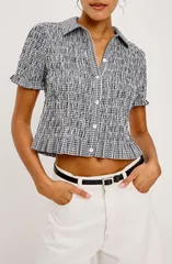 レイルズ レディース トップス シャツ Rails Alton Shirred ButtonUp Cropeplum Top Black Gingham ブラックのサムネイル