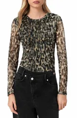 オールセインツ レディース トップス シャツ フラワー柄 メッシュ フラワー AllSaints Ellie Floralong Sleeve Mesh TShirt Leppo Brown ブラウンのサムネイル