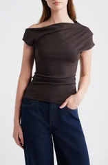 マンゴ レディース トップス シャツ アシンメトリー ワンショルダー MANGO Asymmetric OneShoulder Top Chocolate チョコレートのサムネイル