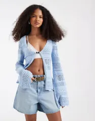 エイソス レディース アウター カーディガン ニット ASOS DESIGN crochet knit split cardigan blue ブルーのサムネイル
