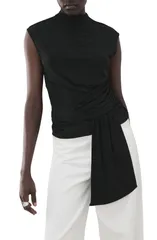 マンゴ レディース トップス シャツ MANGO Shirred Faux Wrap Top Black ブラックのサムネイル