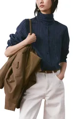 マンゴ レディース トップス シャツ MANGO Stripe Tie Neck Top Navy ネイビーのサムネイル