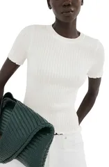 マンゴ レディース トップス シャツ コットン MANGO Cotton Blend Rib TShirt Ecru エクリュのサムネイル