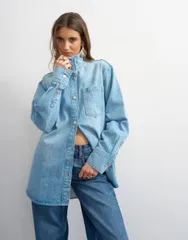 トップショップ レディース トップス シャツ スタンドネック デニム Topshop denim funnel neck shacket in bleach デニムのサムネイル