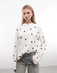 モンキ レディース トップス Tシャツ ドット Monki oversized long sleeve tshirt in cream polka dots Cream クリームのサムネイル