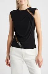 マンゴ レディース トップス シャツ ギャザー レース MANGO Cindy Lace Panel Ruched Top BLACK ブラックのサムネイル