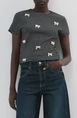 マンゴ レディース トップス シャツ MANGO Stripe Bow Embellished TShirt NAVY ネイビーのサムネイル